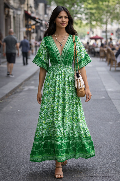 Floral Deep V-Neck Flutter Sleeves Dress