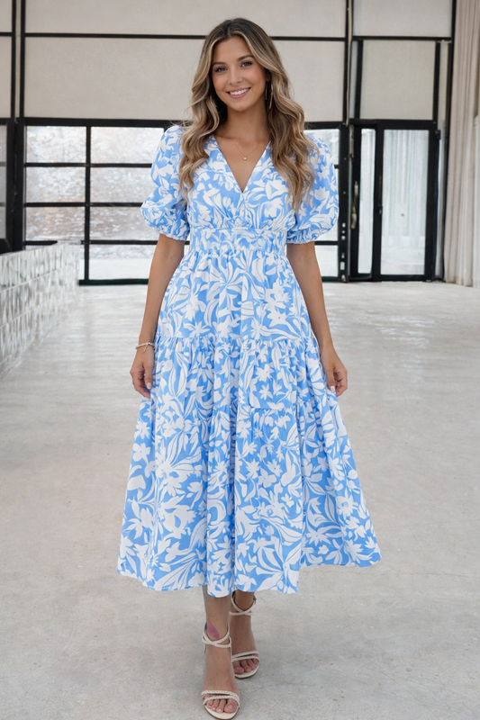 Sky Blue Floral Print Deep V Neck Puff Sleeve Flowy Dress