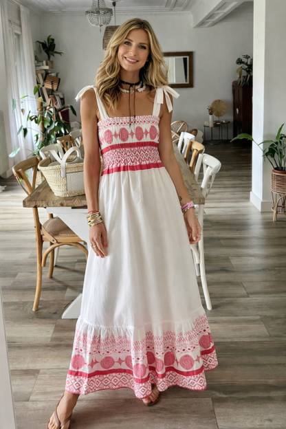 Smocked Printed Tie Shoulder Maxi Dress