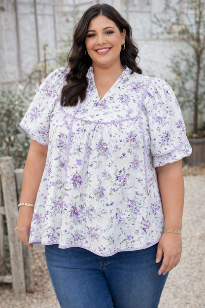 Purple Floral Print Split Neck Plus Size Top