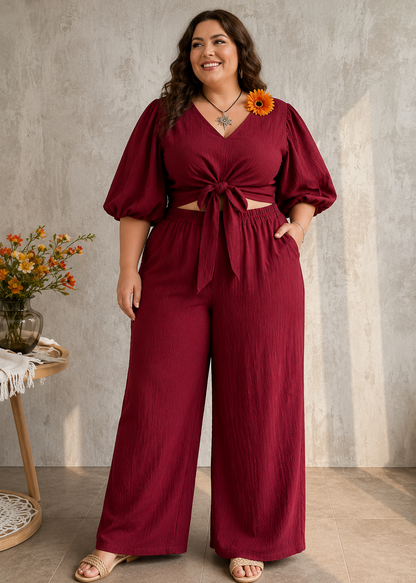Plus Size Tie-Front Puff Sleeve Top and Wide-Leg Pants Set