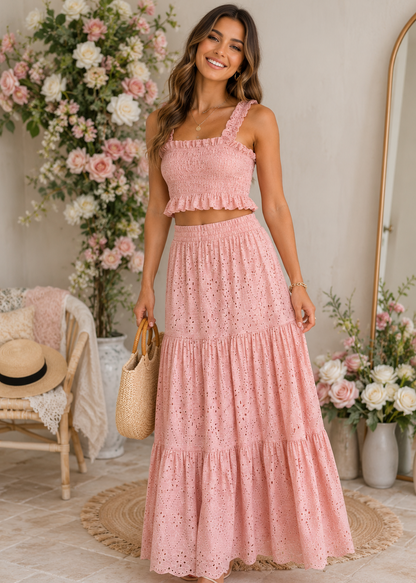 Smocked Crop Top and Hollow-Out Skirt Set