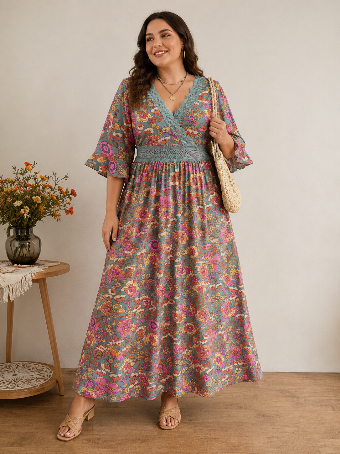 Plus Size Lace Detail Floral Surplice Dress