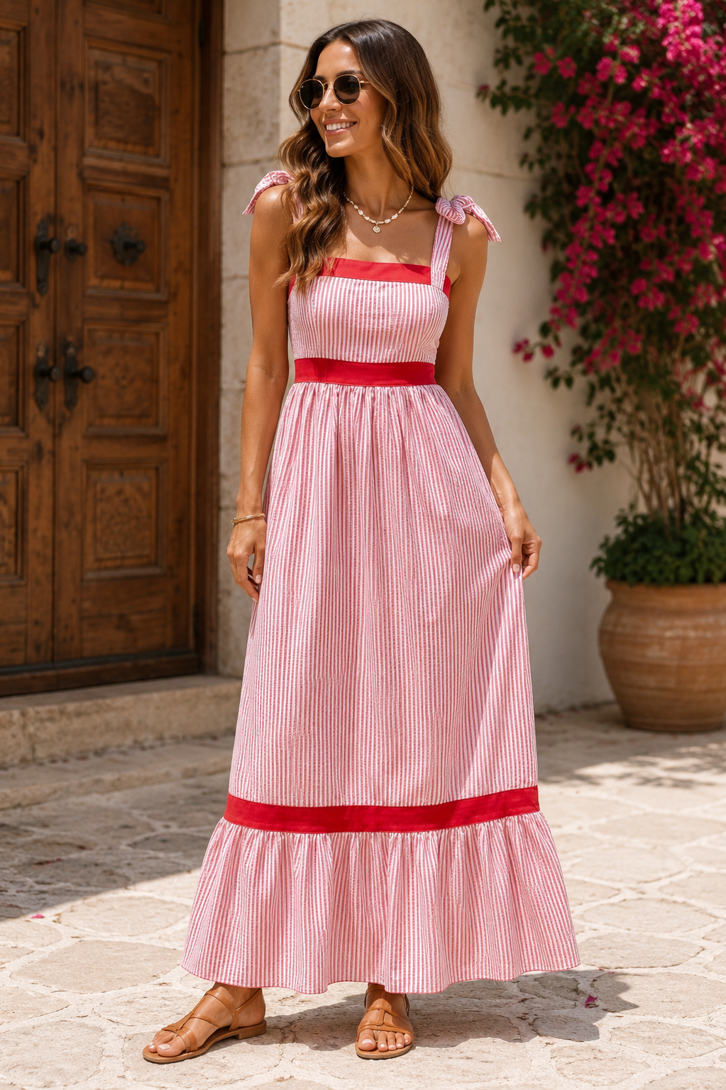 Red Stripe Bow Knot Straps Contrast Trim High Waist Ruffle Hem Maxi Dress