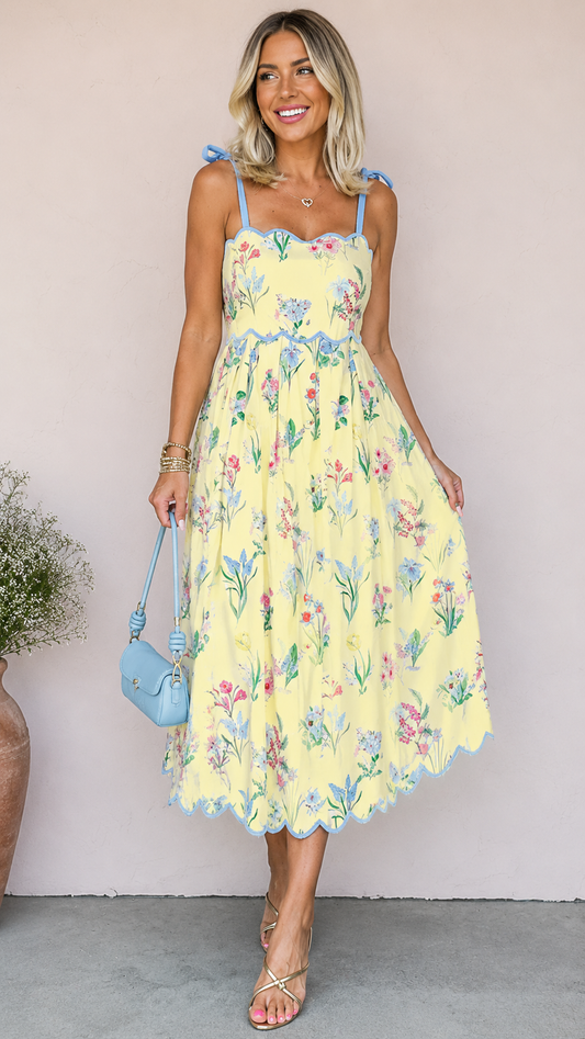 Floral Print Contrast Trim Self-tie Straps High Waist Midi Dress