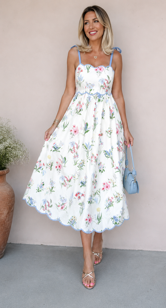 Floral Print Contrast Trim Self-tie Straps High Waist Midi Dress