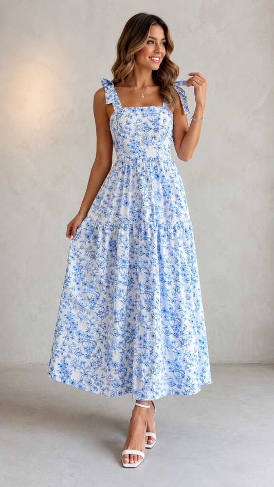 Sky Blue Floral Print Knot Straps High Waist Flared Maxi Dress