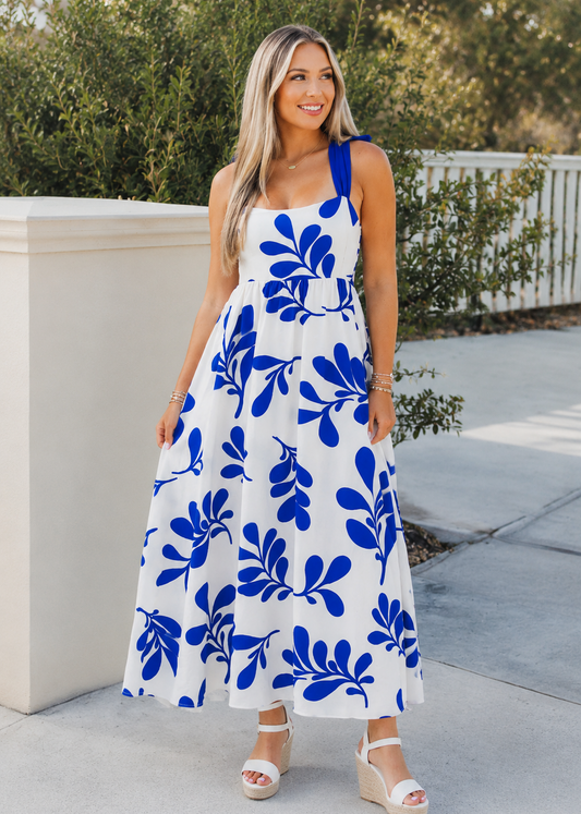 Blue Floral Print Crisscross Tie Back Sleeveless Long Dress