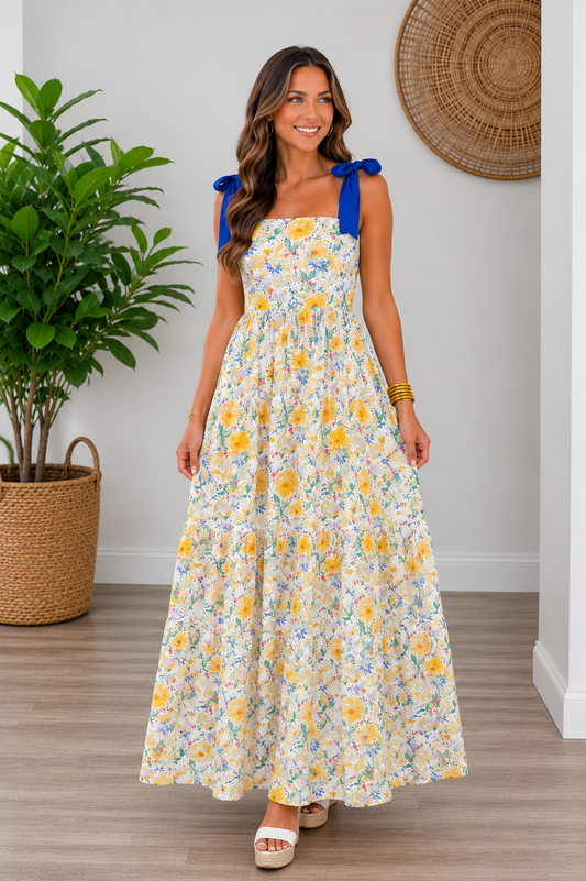 Floral Print Contrast Stitched Knot Denim Straps High Waist Dress