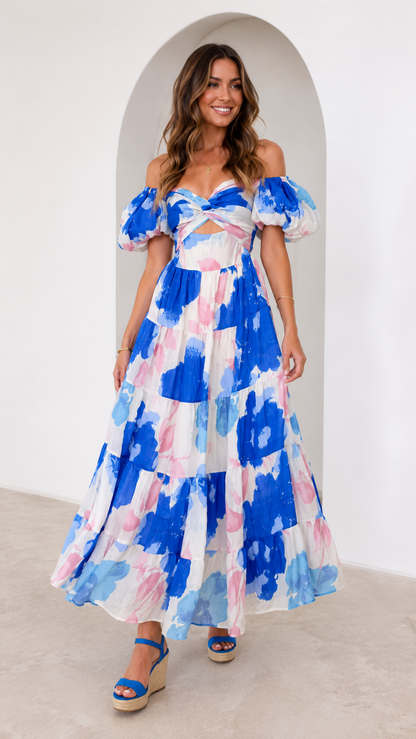 Puff Sleeve Off the Shoulder Twist Floral Maxi Dress