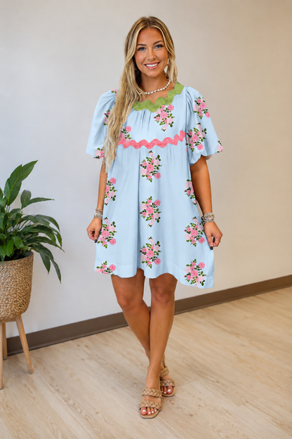 Sky Blue Floral Printed Contrast Ricrac Detail Bubble Sleeve Dress