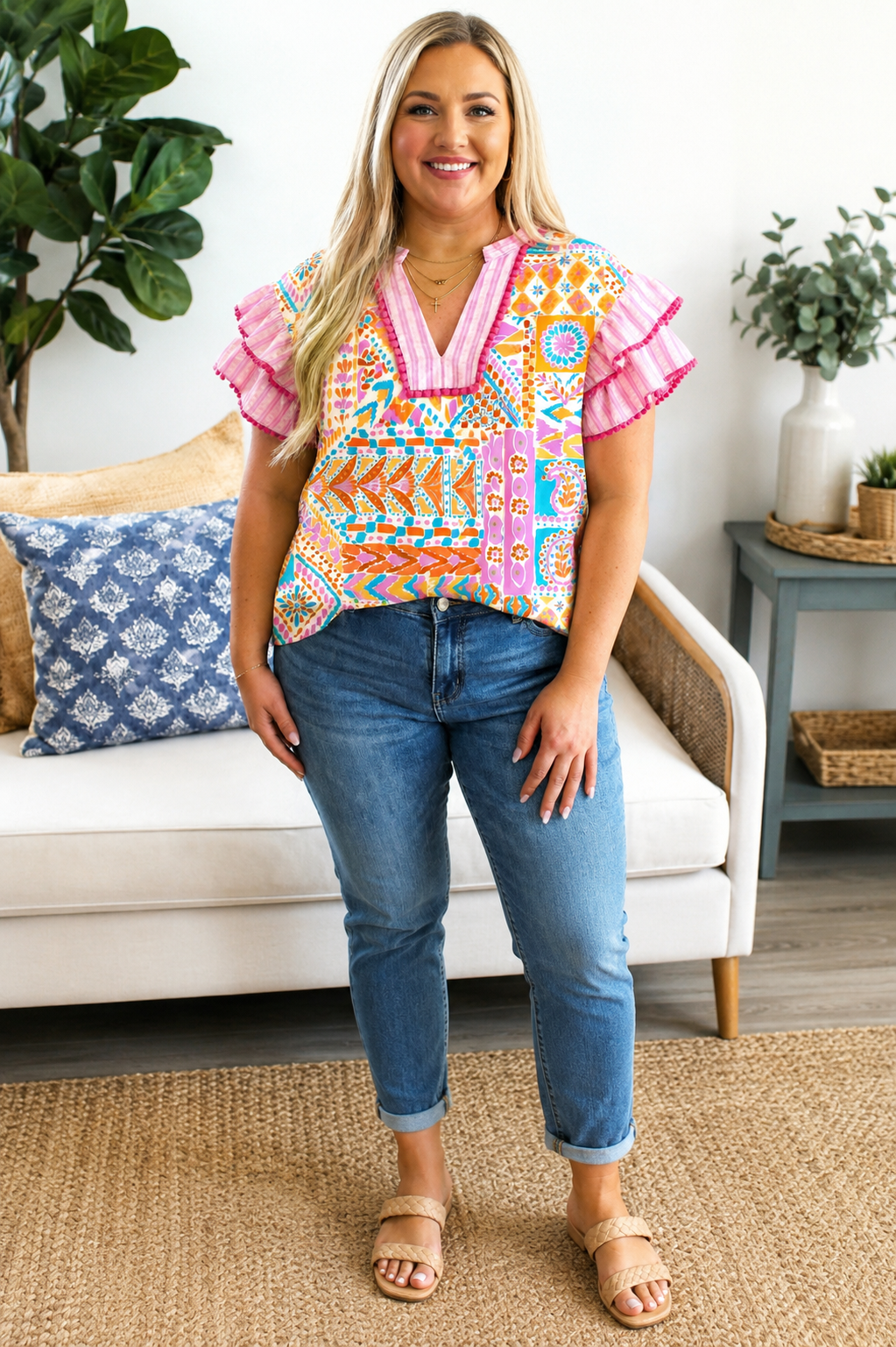 Rose Plus Size Geometric Print Contrast Trim Striped V Neck Blouse