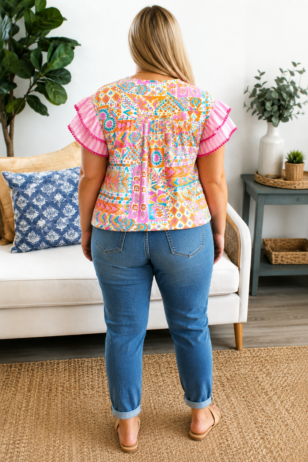 Rose Plus Size Geometric Print Contrast Trim Striped V Neck Blouse
