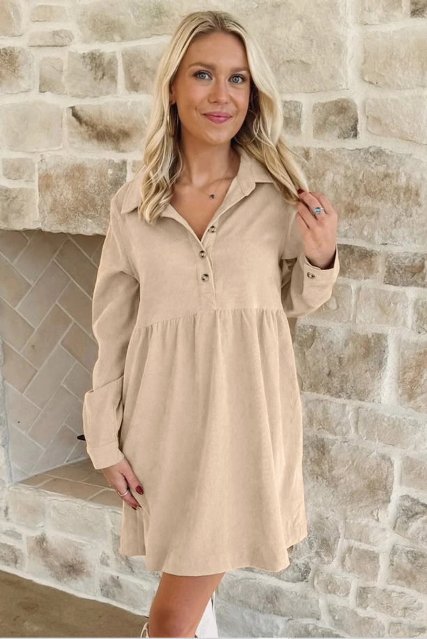 Corduroy Half Button Collared Long Sleeve Mini Dress
