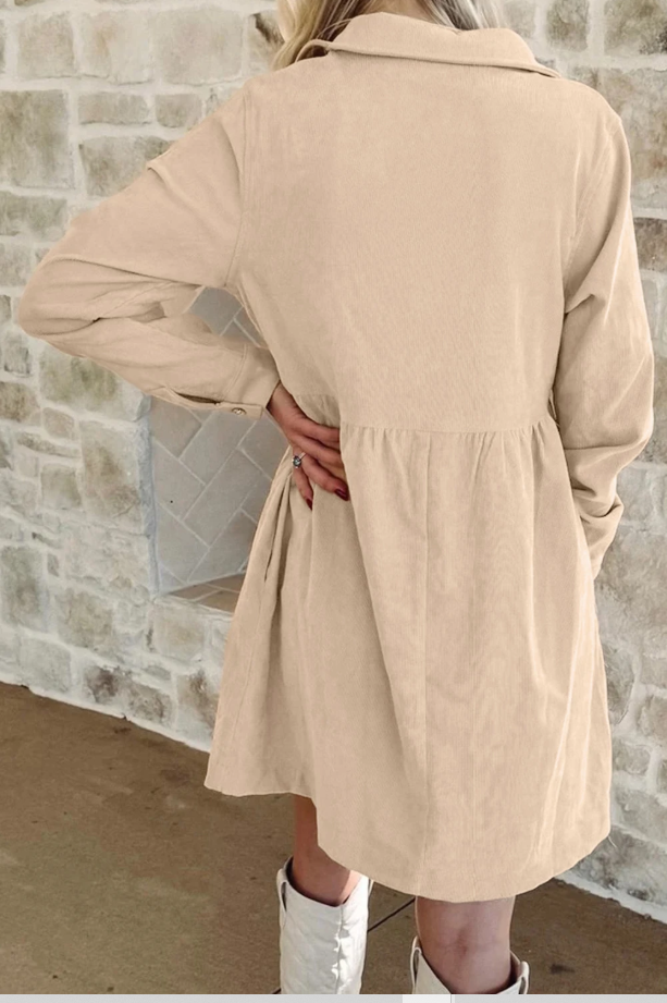 Corduroy Half Button Collared Long Sleeve Mini Dress