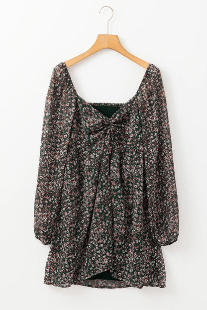 Green Ditsy Floral Print Sweetheart Neck Smocked Back Mini Dress