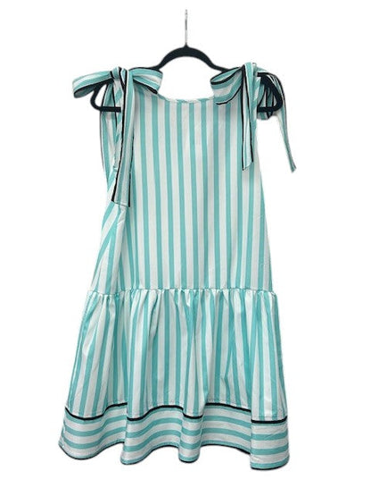 Light Green and White Striped Dress With Shoulder Ties