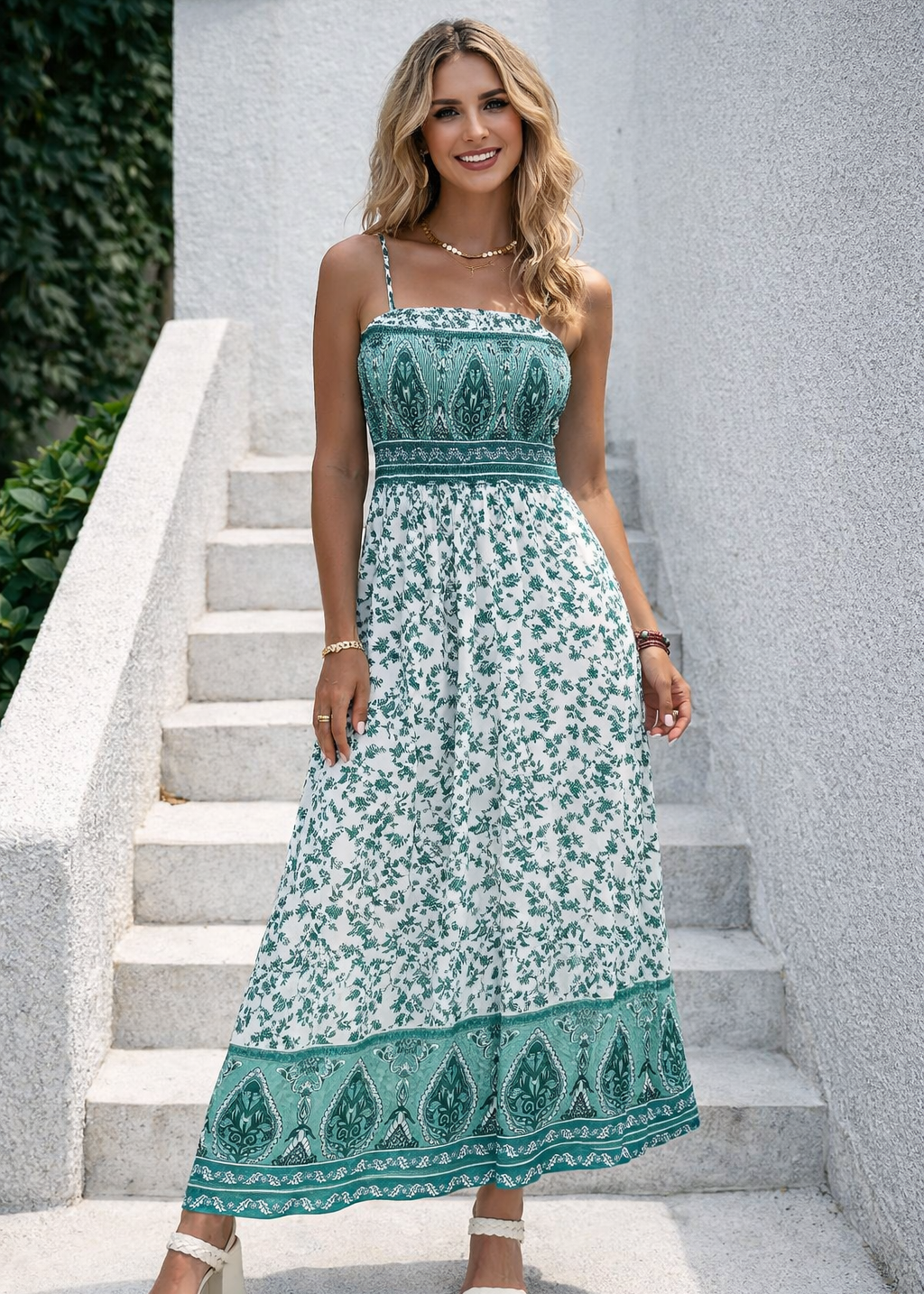 Green Boho Floral Print Shirred Cami Maxi Dress