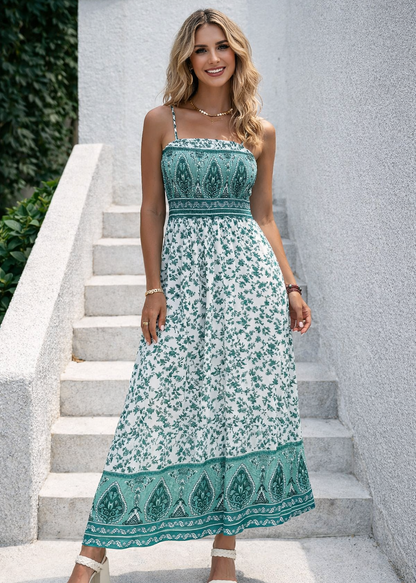 Green Boho Floral Print Shirred Cami Maxi Dress