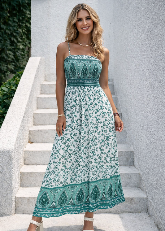Green Boho Floral Print Shirred Cami Maxi Dress
