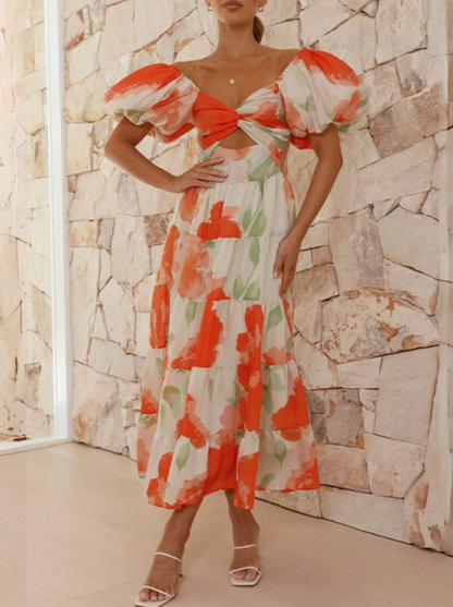 Puff Sleeve Off the Shoulder Twist Floral Maxi Dress