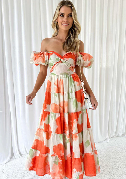 Puff Sleeve Off the Shoulder Twist Floral Maxi Dress