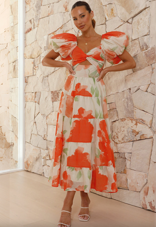 Puff Sleeve Off the Shoulder Twist Floral Maxi Dress