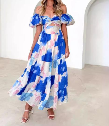 Puff Sleeve Off the Shoulder Twist Floral Maxi Dress