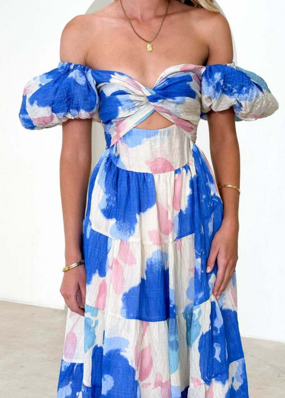 Puff Sleeve Off the Shoulder Twist Floral Maxi Dress