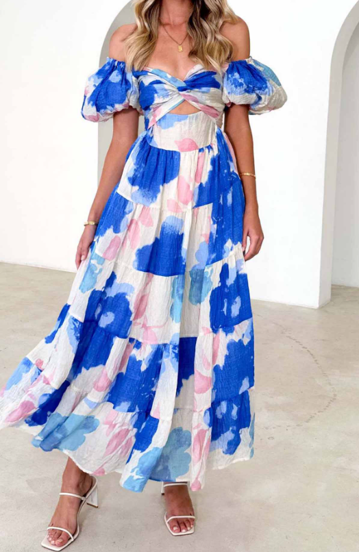 Puff Sleeve Off the Shoulder Twist Floral Maxi Dress