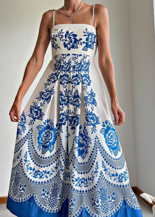 Blue and White Floral Print Ankle Maxi Dress
