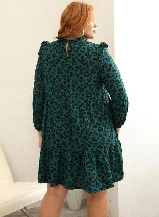 Plus Size Leopard Print Ruffle Trim Mock Neck Dress