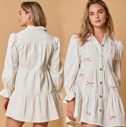 White Pink Color Bow Loose Lantern Sleeve Mini Dress