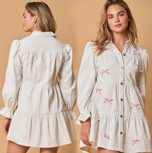 White Pink Color Bow Loose Lantern Sleeve Mini Dress
