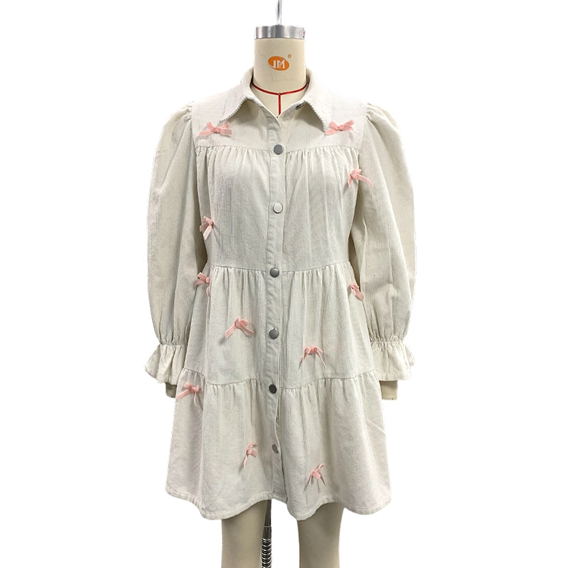 White Pink Color Bow Loose Lantern Sleeve Mini Dress