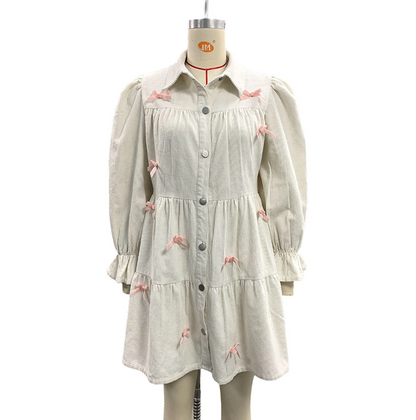 White Pink Color Bow Loose Lantern Sleeve Mini Dress