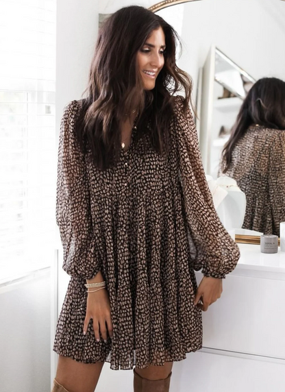 Long Sleeves Loose Buttoned Leopard Pleated V-Neck Mini Dresses