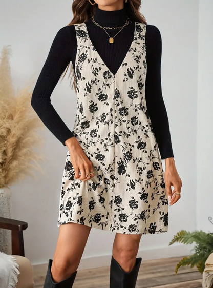 Cream Floral Corduroy Knit Sleeveless V-Neck Dres