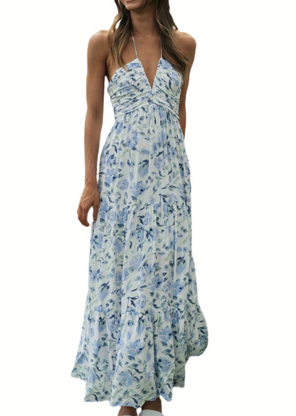 Plunge Halter Backless Floral Swing Maxi Dress