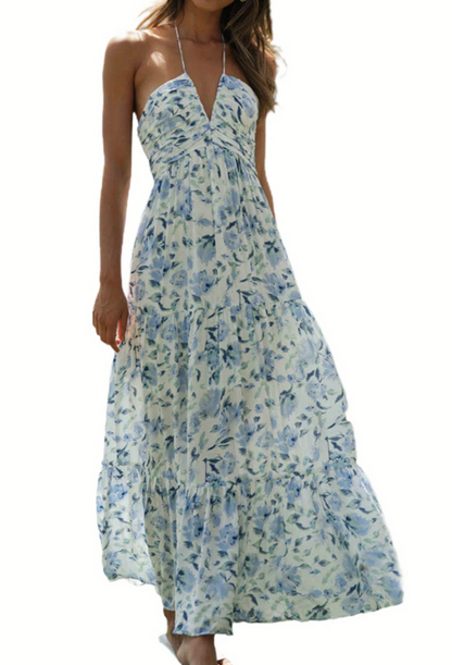 Plunge Halter Backless Floral Swing Maxi Dress