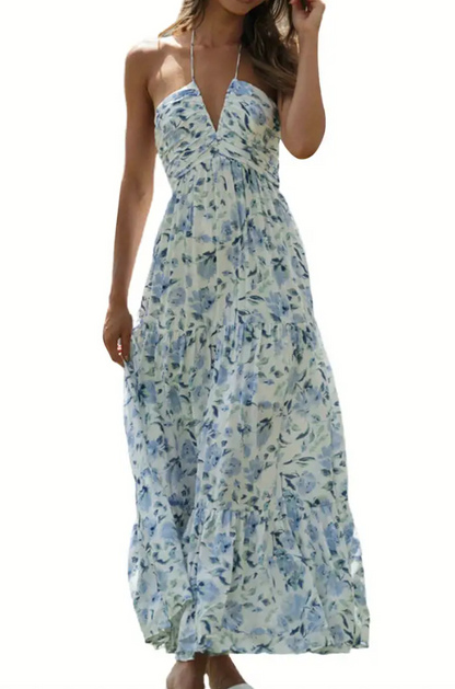 Plunge Halter Backless Floral Swing Maxi Dress