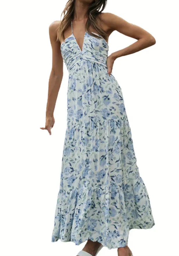 Plunge Halter Backless Floral Swing Maxi Dress