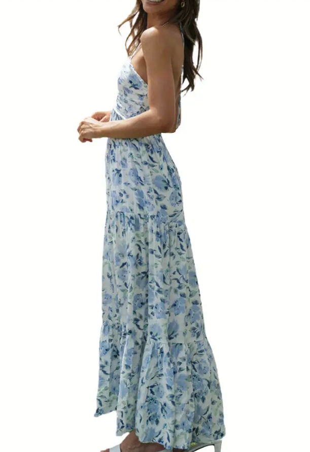 Plunge Halter Backless Floral Swing Maxi Dress