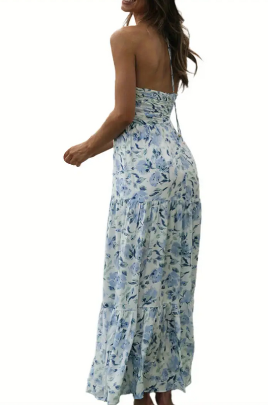 Plunge Halter Backless Floral Swing Maxi Dress