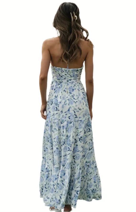 Plunge Halter Backless Floral Swing Maxi Dress