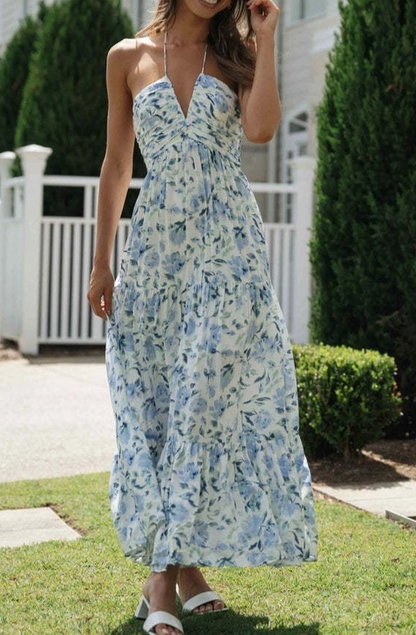 Plunge Halter Backless Floral Swing Maxi Dress