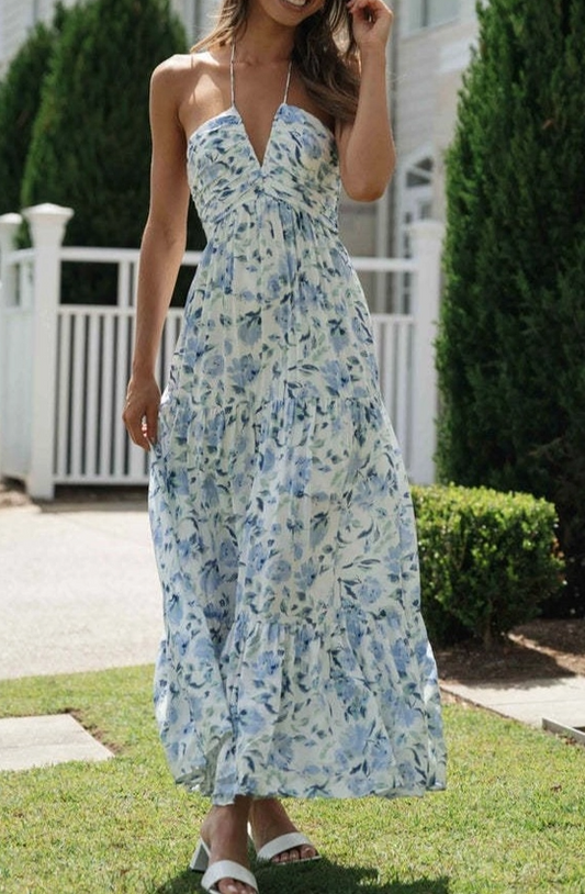 Plunge Halter Backless Floral Swing Maxi Dress