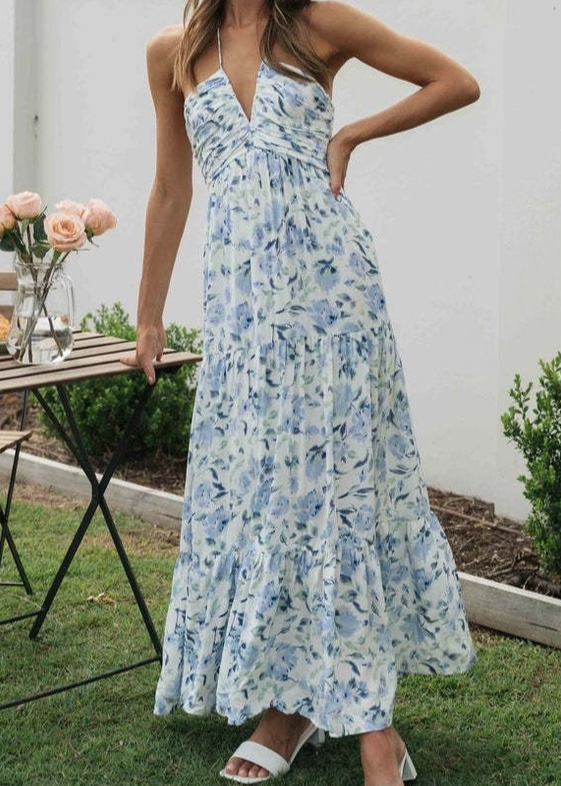 Plunge Halter Backless Floral Swing Maxi Dress