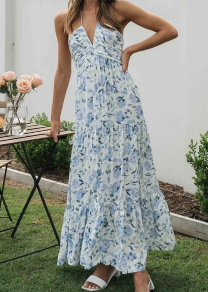 Plunge Halter Backless Floral Swing Maxi Dress
