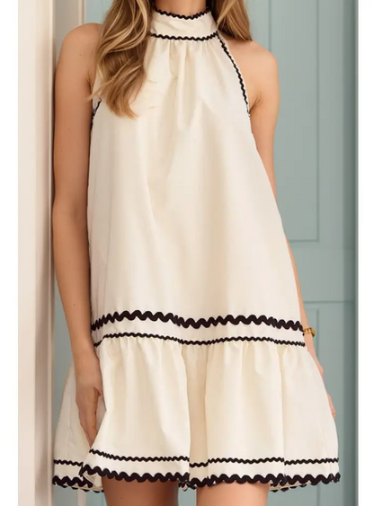 Khaki Striped Ricrac Sleeveless Mini Dress